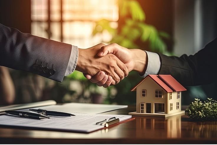 Two people shaking hands over a property agreement beside a small model house