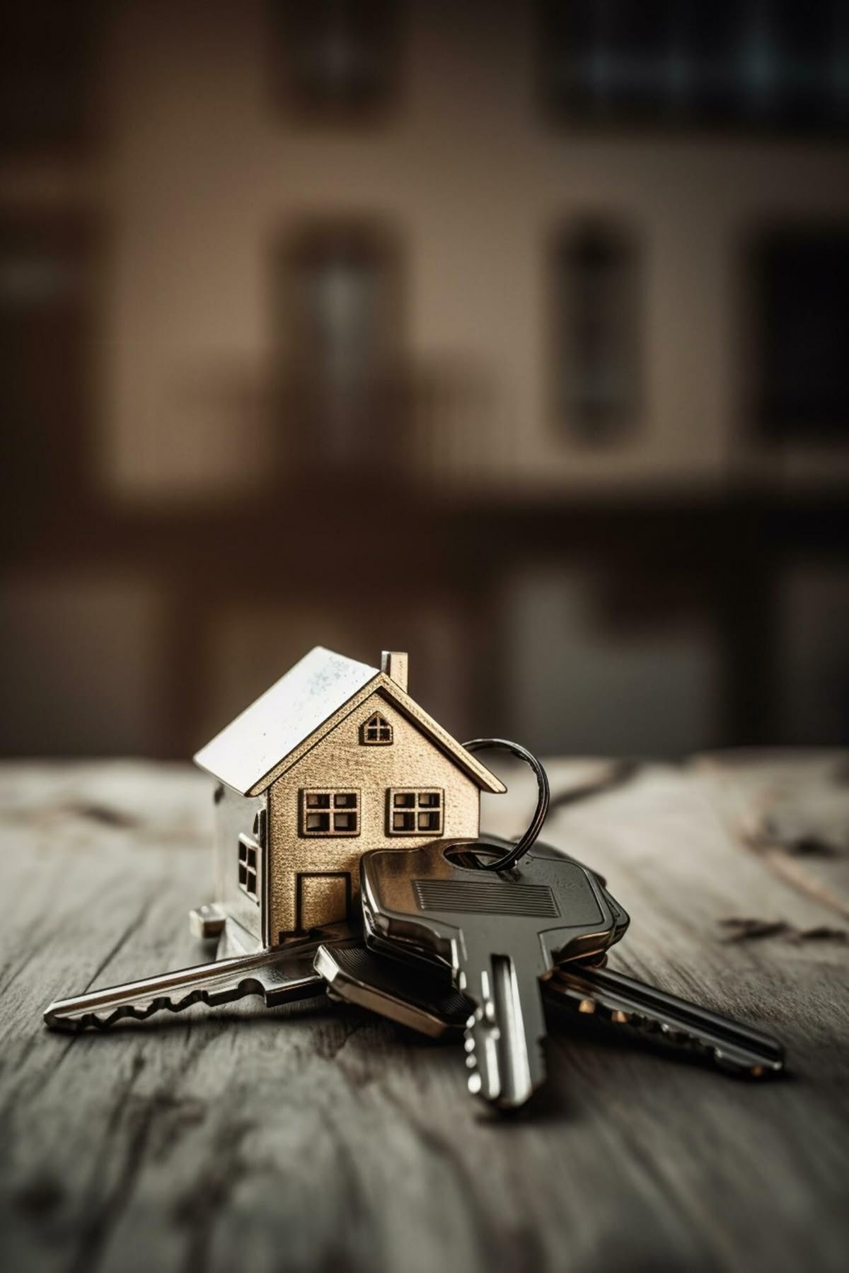 A miniature house with a set of keys on a wooden table