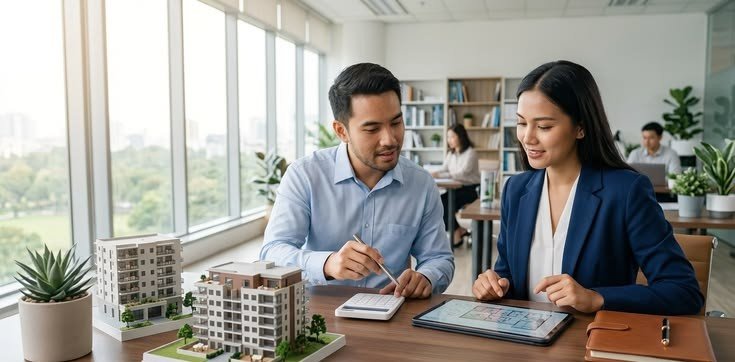 Two colleagues reviewing property plans with model apartment buildings on the table